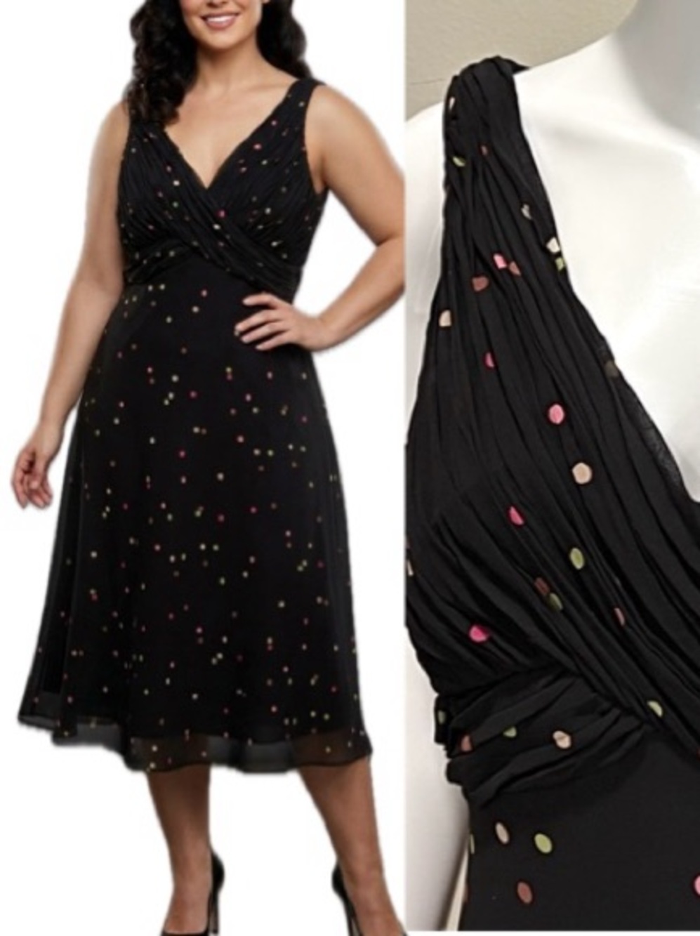 Rena Rowan Polka Dot Midi Dress Size 14 Sleeveless Ruched Wrap Front Empire Y2K